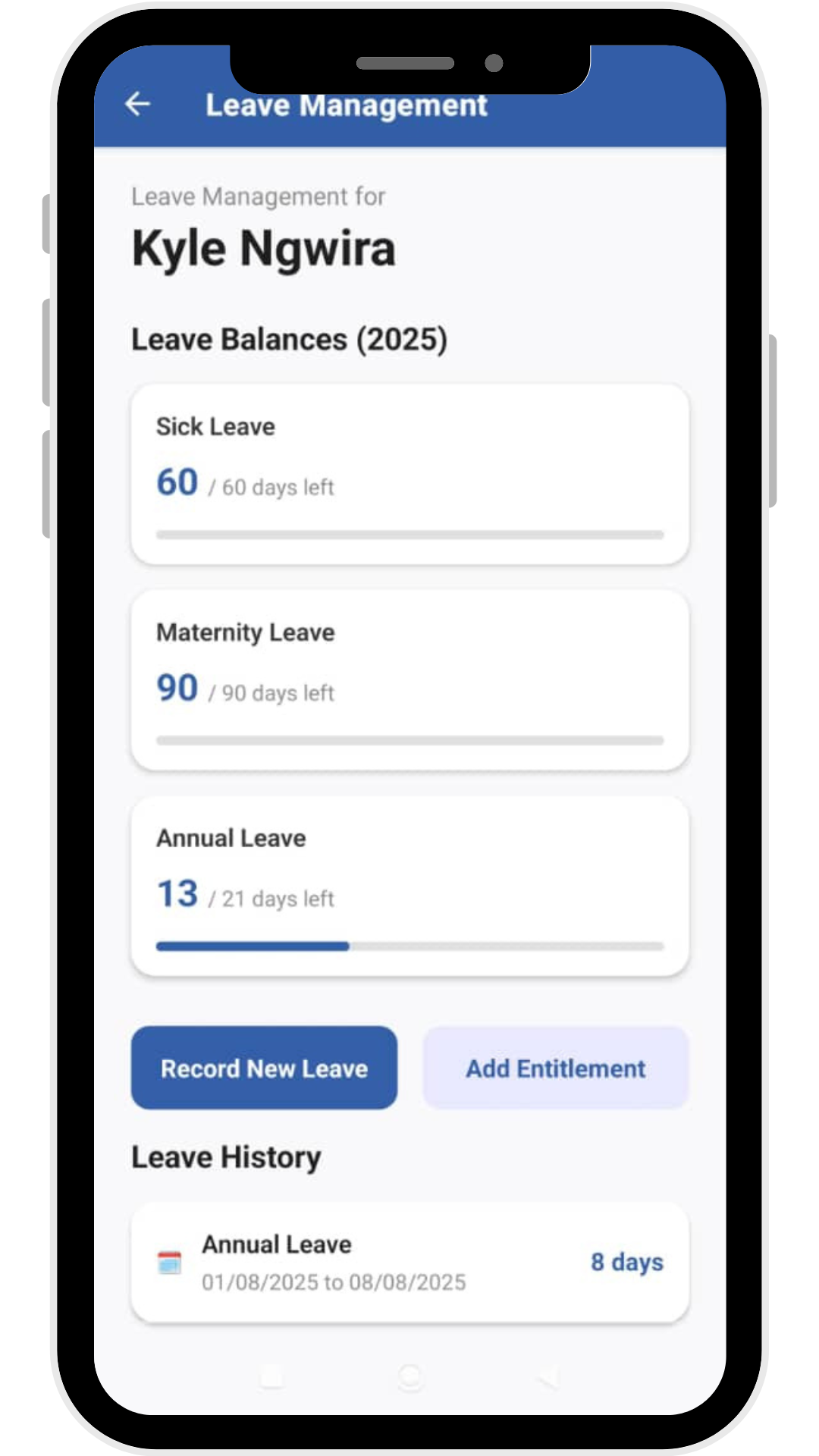 Antchito App Leave Management Screen showing entitled leave and leave history